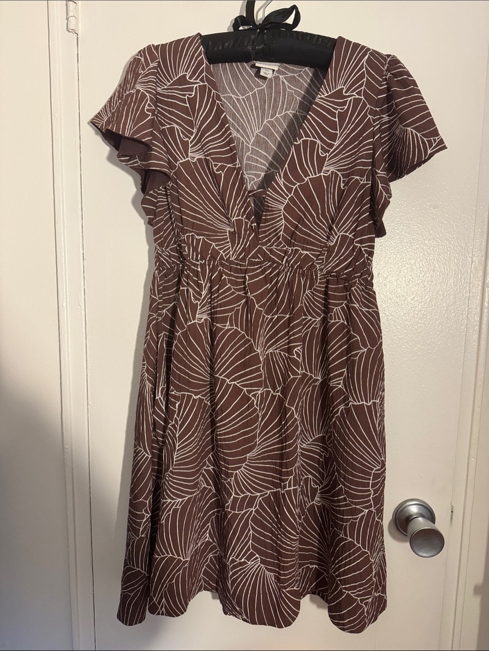 A New Day Brown Printed V-Neck Short Sleeve Summer Dress- XS